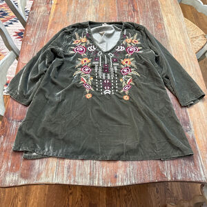 Kyla Seo Green Velvet Embroidered Tunic Top Large Boho Artsy